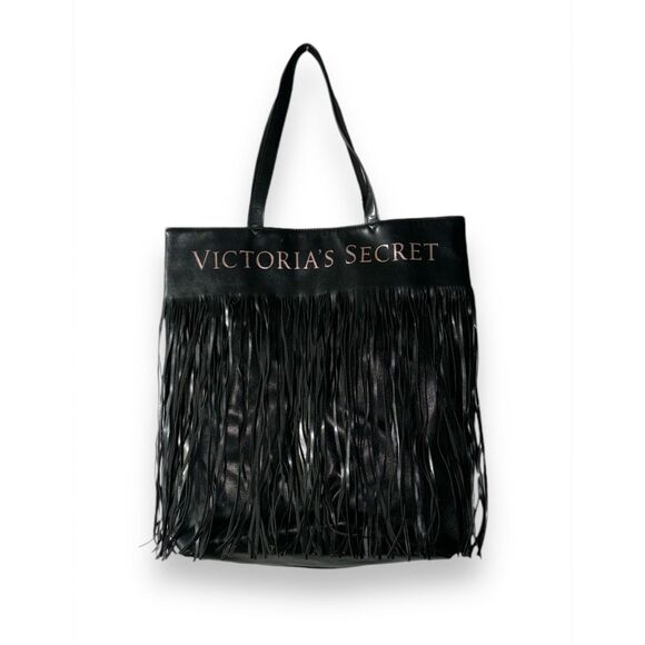 Victoria`s Secret Limited Edition Black Leather Tote Bag Purse with Fringe trave - Picture 5 of 9